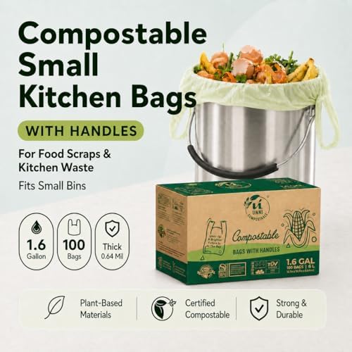 UNNI 1.6 Gallon Compostable Bags with Easy-Tie Handles, 6 Liter, 100 Count