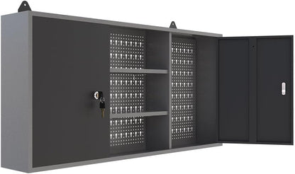 JZD Metal Storage Organization System, Wall Mount Tool Cabinets, Wood Tabletop, for Garage Basement