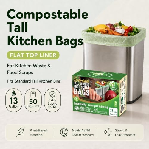 UNNI Compostable Bags, 13 Gallon, 50 Count, 49.2 Liter, Extra Thick 0.9 Mil