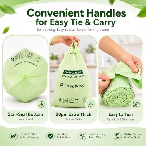 Compostable Food Scrap Bags, 2.6 Gal /10L, Handle-Tie, 100 Count