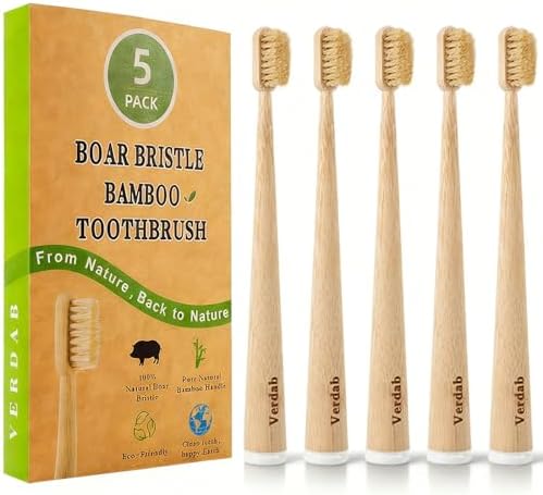 Boar Bristle Toothbrush & Bamboo Toothbrushes(5-Pack) - Plastic Free