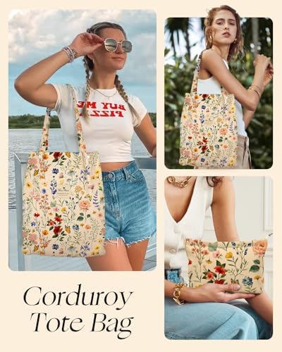 Miss Adola 2 Pack Corduroy Tote Bag with Pouch for Women