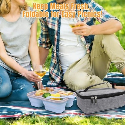 Big Collapsible Silicone Bento Lunch Box With Insulated Lunch Bag, 45.6oz Food Containers with 3 Compartment, Bento Bag, Designed for Fresh Lunch On the Go