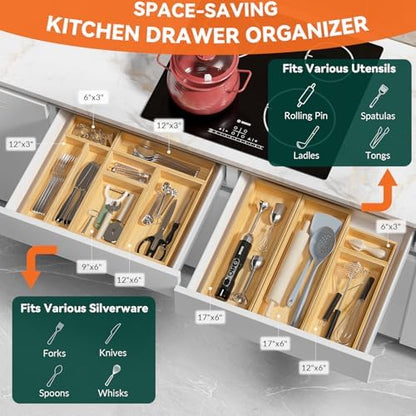 Lixple Bamboo Drawer Organizer - Silverware & Utensil Organizer, Stackable, 2 Pcs, Wooden Storage Box Tray (Bamboo, 12 X 6 X 2 Inch)