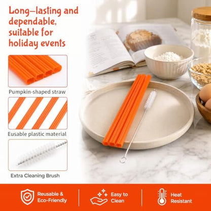 JANYUN 30 Pcs Reusable Pumpkin Straws with Cleaning Brush