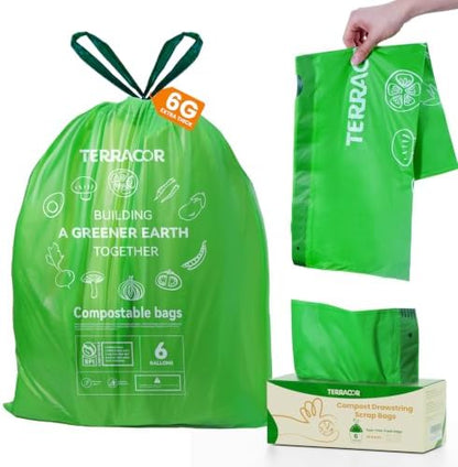 6 Gallon Compostable Trash Bags Drawstring, Heavy Duty Extra Thick 1 Mil, 35 Bags, Tall Kitchen Food Scrap Waste Bag, ASTM D6400