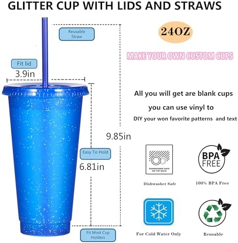 Suertestarry Tumbler with Straw and Lid,Water Bottle Iced Coffee Travel Mug Cup,Reusable Plastic Cups,Perfect for Parties,Birthdays,24oz-5 Pack (Sparkling Glitter, 5pack)