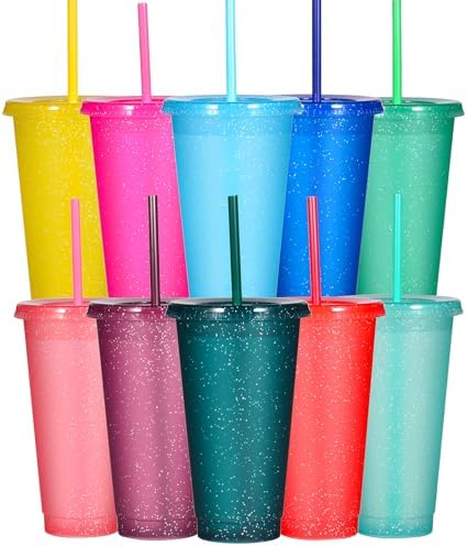 Suertestarry Tumbler with Straw and Lid,Water Bottle Iced Coffee Travel Mug Cup,Reusable Plastic Cups,Perfect for Parties,Birthdays,24oz-10 Pack (10 Pack Glitter, 10 pack)