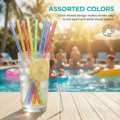 Reusable Drinking Straws 100 Pack, Assorted Color Plastic Straws, 9 Inch, Easy Clean with Brush, Durable & Dishwasher Safe for Cold Drinks & Kids