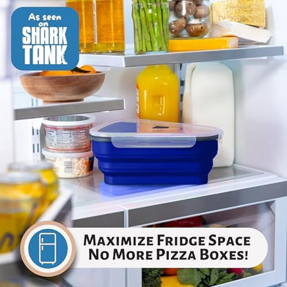 PIZZA PACK The Perfect Reusable Pizza Storage Container with 5 Microwavable Serving Trays - BPA-Free Adjustable Pizza Slice Container to Organize & Save Space, 3 Pack, Blue