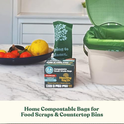 Healthy Earth 2.6 Gallon Compostable Trash Bags – 100 Count Small Trash & Kitchen Compost Bags for Countertop Bins, Extra Thick Plant-Based Food Scrap Liners, BPI & TÜV Certified ASTM D6400