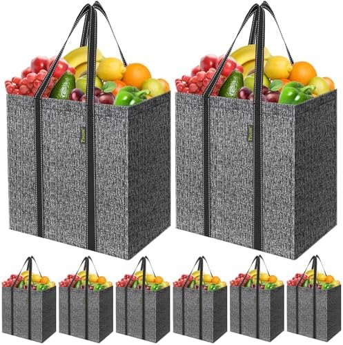 BALEINE 8 PK Grocery Bags Reusable Shopping Bags with Reinforced Bottom, Heavy Duty Foldable Tote Bags (Grey)