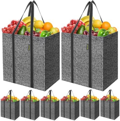 BALEINE 8 PK Grocery Bags Reusable Shopping Bags with Reinforced Bottom, Heavy Duty Foldable Tote Bags (Grey)