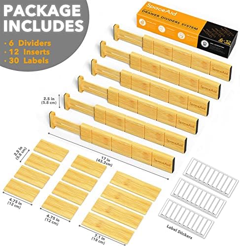 SpaceAid Bamboo Drawer Dividers with Inserts and Labels, Kitchen Adjustable Drawer Organizers, Expandable Organization for Home, Office, Dressers and Bathroom, 6 Dividers with 12 Inserts (13.25-17 in)