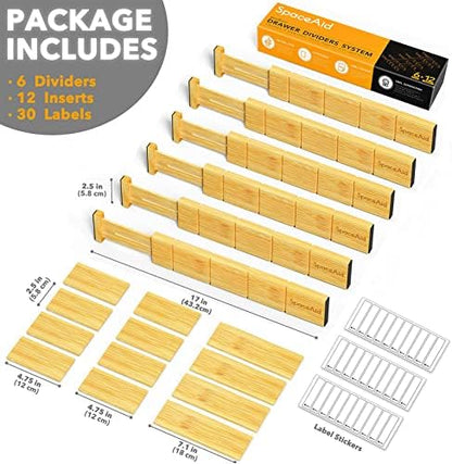 SpaceAid Bamboo Drawer Dividers with Inserts and Labels, Kitchen Adjustable Drawer Organizers, Expandable Organization for Home, Office, Dressers and Bathroom, 6 Dividers with 12 Inserts (13.25-17 in)