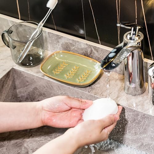 Miamolo Ceramic Soap Dish for Bathroom Sink, Bar Soap Holder Soap-Saving