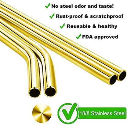 Vinaco 6 Pack Gold 0.4" Wide Bore Reusable Stainless Steel Smoothie Straws