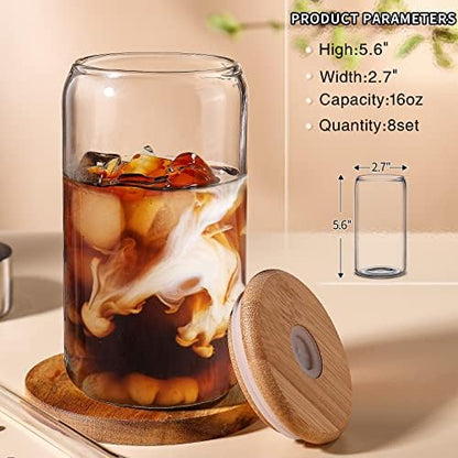 DWTS DANWEITESI Glass Cups with Lids and Straws 8 pcs,16 oz Glass Iced Coffee Cups with Lids-Clear Glass Coffee Cups,Cute Glass Cups for Coffee Bar Accessories Gifts