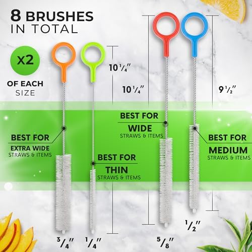 Buenalife Heavy Duty Cleaning Brushes Set of 8 - Extra Long Straw Cleaners for Metal and Plastic Reusable Drinking Straws, to Clean Small Spaces, Sippy Cups, Water Bottles - Sturdy Hard Brush Bristles