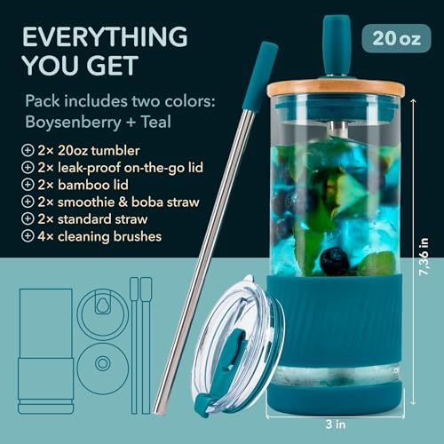Pandaloo® Glass Cups With Lids and Straws -20 Fl Oz- Perfect Size Iced Coffee Cup - Smoothie Cup With Bamboo Lid and On the go Lid - Glass Tumbler (2 Count (Pack of 1), Boysenberry-Intense Teal)