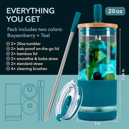Pandaloo® Glass Cups With Lids and Straws -20 Fl Oz- Perfect Size Iced Coffee Cup - Smoothie Cup With Bamboo Lid and On the go Lid - Glass Tumbler (2 Count (Pack of 1), Boysenberry-Intense Teal)