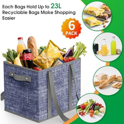 Fab totes Reusable Grocery Bags, Large Foldable Shopping Tote Bags with Reinforced Handles & Hard Bottom,6 Pack,Blue