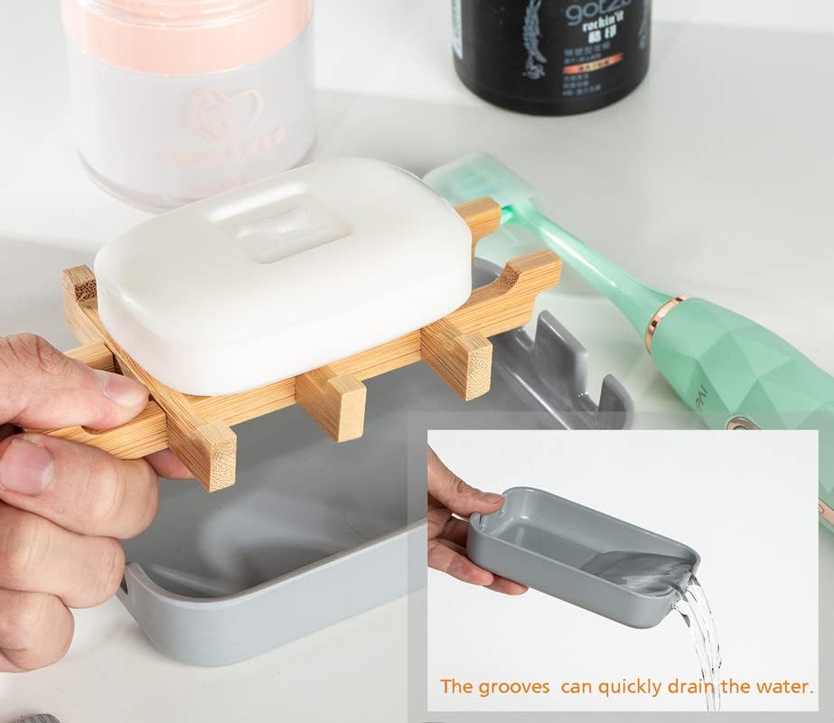 Eco-Friendly Bamboo Soap Dishes, Removable Soap/Sponge Holder for Home, Bathtub Soap Tray, Grey