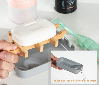 Eco-Friendly Bamboo Soap Dishes, Removable Soap/Sponge Holder for Home, Bathtub Soap Tray, Grey