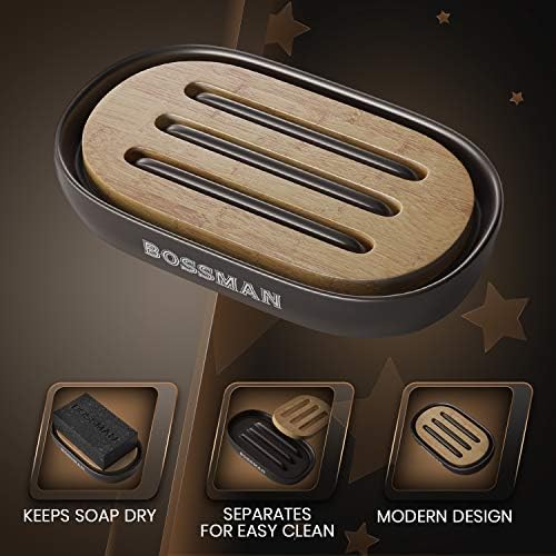 Bossman Natural Bamboo Bathroom Soap Dish w/ Premium Ceramic Base - Black
