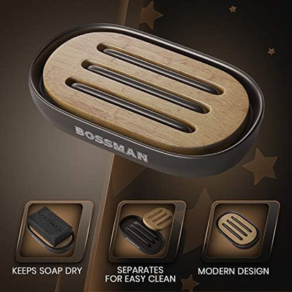 Bossman Natural Bamboo Bathroom Soap Dish w/ Premium Ceramic Base - Black