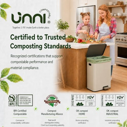 UNNI Compostable Bags, 13 Gallon, 50 Count, 49.2 Liter, Extra Thick 0.9 Mil