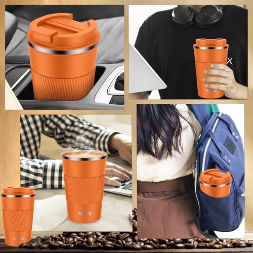 KETIEE 12oz Insulated Travel Mug, Vacuum Stainless Steel Double Walled Reusable Coffee Cup with Leakproof Lid, Travel Tumbler Coffee Mug to Go for Hot and Iced Tea Water (Orange)