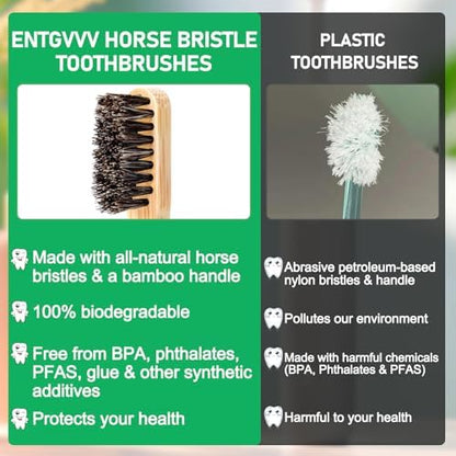 Horse Bristle Toothbrush, Plastic Free Bamboo Toothbrushes, 6 Pack Natural Wooden Toothbrush, Non Toxic & Non Plastic, Wood Tooth Brush, Manual Organic Toothbrush for Adult, Women, Men