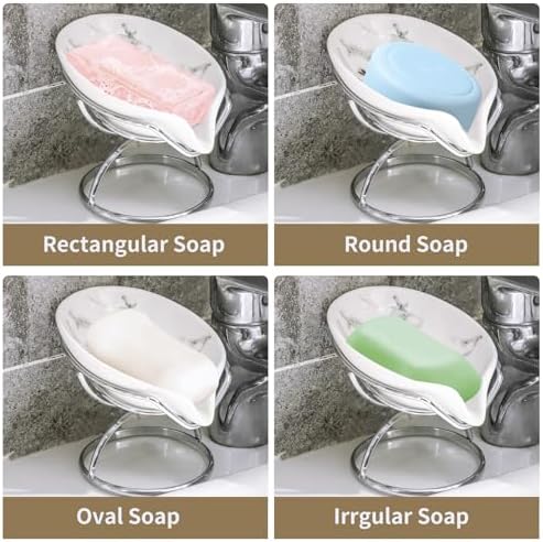 Dobbyby Leaf-Shaped Soap Dish – Premium Ceramic Soap Bar Holder with Self-Drainage System – Bar Soap Holder for Shower, Bathroom Sink, Kitchen – Waterfall Soap Dish with Stainless Steel Stand (SLIVER)