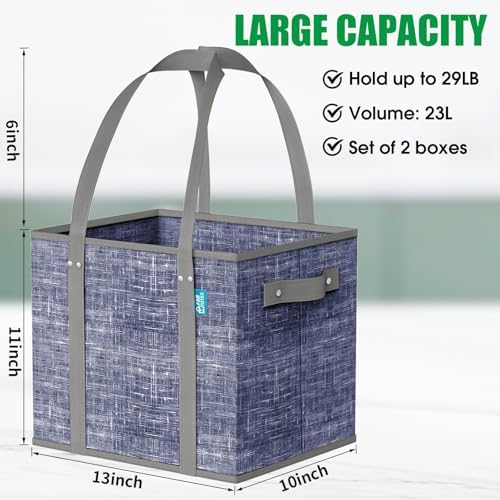 Fab totes Reusable Grocery Bags, Large Foldable Shopping Tote Bags with Reinforced Handles & Hard Bottom,2 Pack,Blue