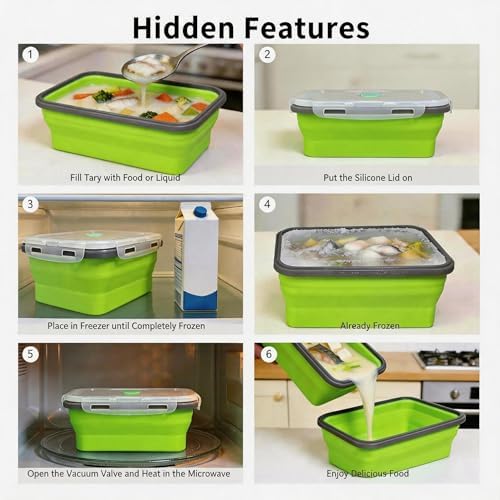 Collapsible Silicone Food Storage Containers Set, 4PCS Foldable Lunch Boxes with Lids & Air Vent, 27oz Multifunctional Travel Food Containers, Bento Boxes, Green