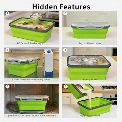 Collapsible Silicone Food Storage Containers Set, 4PCS Foldable Lunch Boxes with Lids & Air Vent, 27oz Multifunctional Travel Food Containers, Bento Boxes, Green