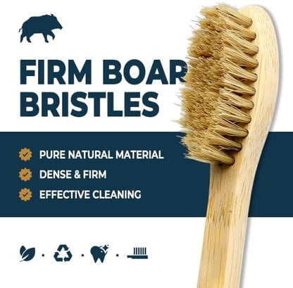 Firm Boar Bristle Bamboo Toothbrushes 3 Pack | Microplastics & Nylon Free; 100% Biodegradable & Compostable | Organic Natural Toothbrush; Hard Bristles Toothbrushes
