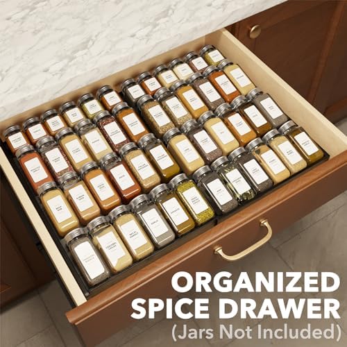 SpaceAid Bamboo Black Spice Drawer Organizer, (Need 3" Deep Drawer) Expandable 4 Tier Spices Rack for Cabinet, Kitchen Seasoning Storage Insert (Jars Not Included, From 12" to 23" Wide)
