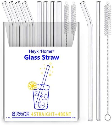 HeykirHome 8-Pack Reusable Glass Straw,Size 8.5''x10 MM,Including 4 Straight and 4 Bent with 2 Cleaning Brush- Perfect For Smoothies, Tea, Juice