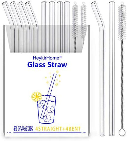 HeykirHome 8-Pack Reusable Glass Straw,Size 8.5''x10 MM,Including 4 Straight and 4 Bent with 2 Cleaning Brush- Perfect For Smoothies, Tea, Juice