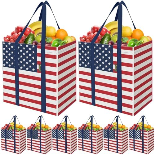 BALEINE 8 PK Grocery Bags Reusable Shopping Bags with Reinforced Bottom, Heavy Duty Foldable Tote Bags (Patriot Celebration)