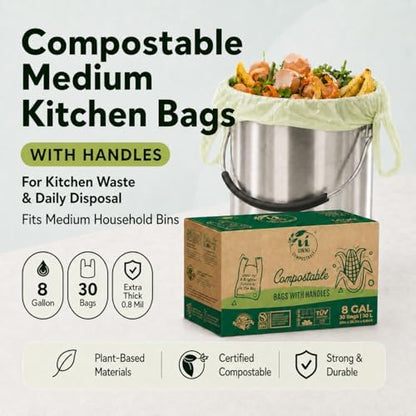 UNNI 8 Gallon Compostable Bags with Easy-Tie Handles, 30 Liter, 30 Count