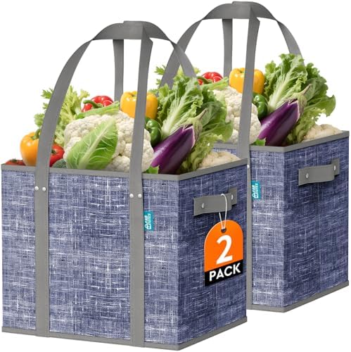Fab totes Reusable Grocery Bags, Large Foldable Shopping Tote Bags with Reinforced Handles & Hard Bottom,2 Pack,Blue