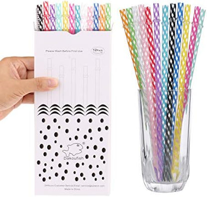 Dakoufish 12 Piece 6 Inch Reusable Plastic Thick Drinking Straws BPA Free Mason Jar Straws Transparent Small Stripe (6inch, Mix 12color)