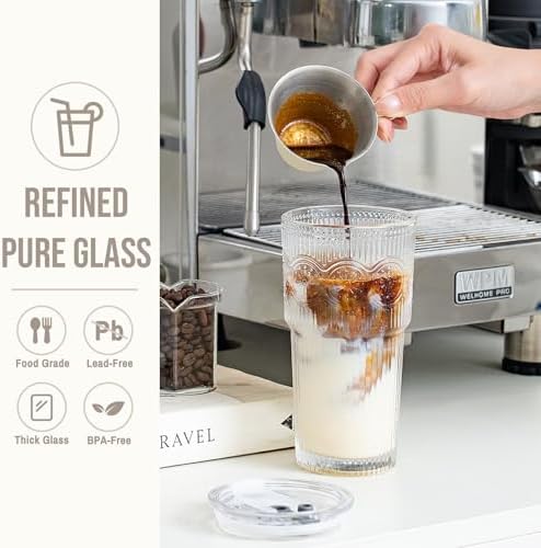 SoulTimes 20oz Ribbed & Floral Glass Tumbler with Lid and Straw – Iced Coffee Glasses Cups for Smoothie, Matcha, Juice, Water etc. Leakproof and Reusable Glassware Drinking for Travel To Go [6Pcs]