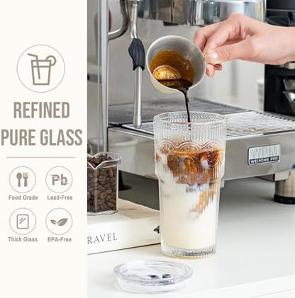 SoulTimes 20oz Ribbed & Floral Glass Tumbler with Lid and Straw – Iced Coffee Glasses Cups for Smoothie, Matcha, Juice, Water etc. Leakproof and Reusable Glassware Drinking for Travel To Go [6Pcs]