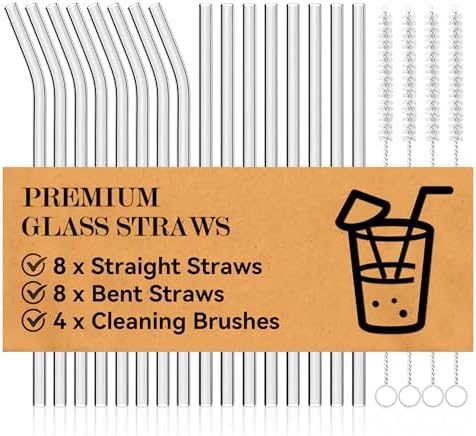 Foogwee® 20 Packs Reusable Glass Straws Set, 8.5'' x 10mm Clear Drinking Straws for Smoothies, Shakes, Coffee, Juice, Sodas, Milk, Tea, Cocktails, Set of 8 Straight and 8 Bent with 4 Cleaning Brushes