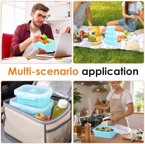4Pcs Collapsible Silicone Food Container with Lid Heat Resistant Foldable Food Storage Containers Microwave Dishwasher and Freezer Safe 350/500/800/1200 ml for Kitchen Picnic Travel(Sky Blue)
