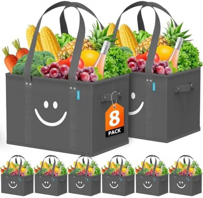 Reusable Grocery Bags 8 PCS, Sturdy Handles & Bottom to Stands Upright